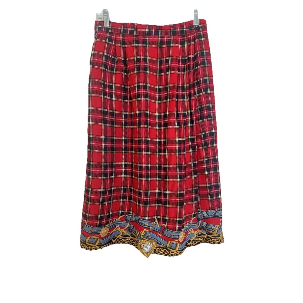 Vintage KORET Red Plaid Equestrian Long Wrap Skirt Belt Chain Print Hem Sz 10‎